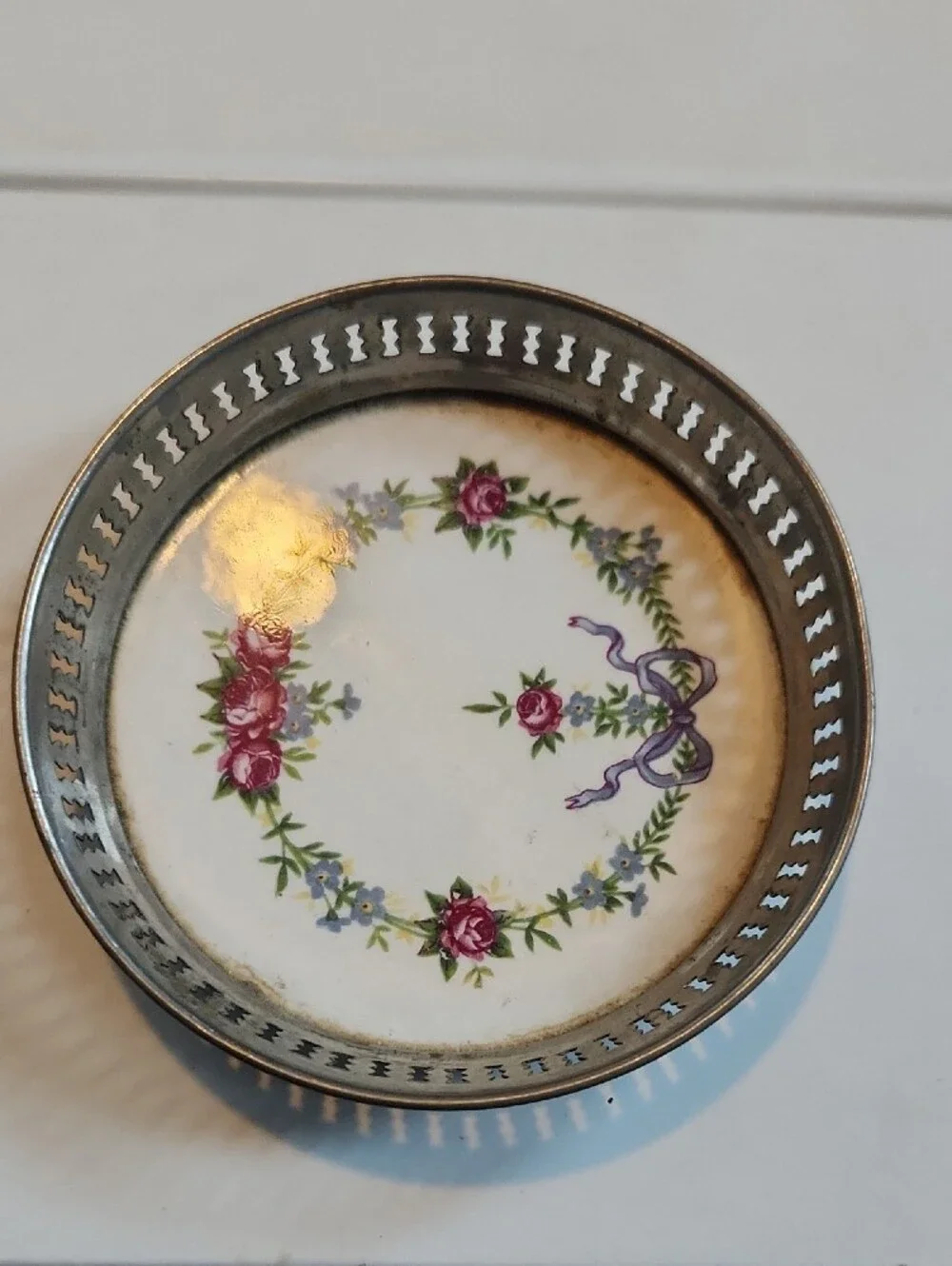 Vintage Small Ceramic Metal Dish Coaster Tray 3.5'